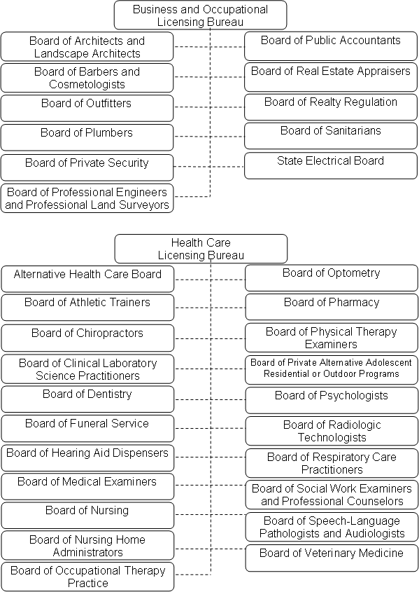 Department of Labor and Industry Business and Occupational Licensing Bureau and Health Care Licensing Bureau Functional Chart